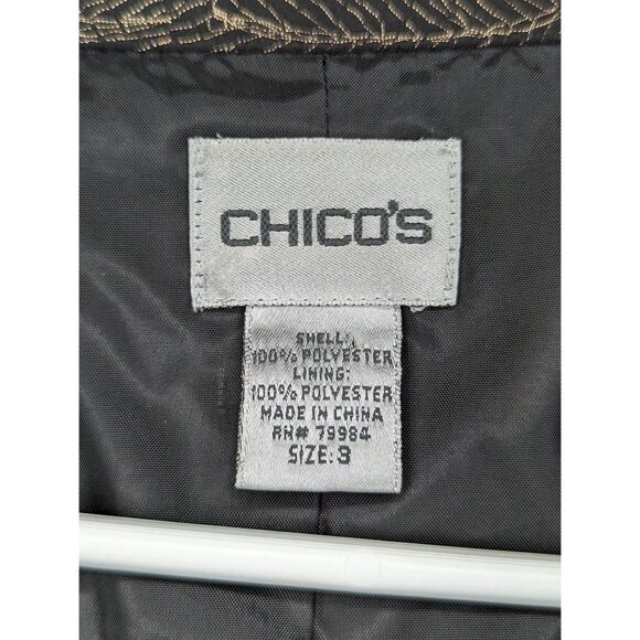 Chicos Metallic Dark Floral Blazer Size 3 / XL Open Front Embroidered Black Gold - Picture 10 of 10